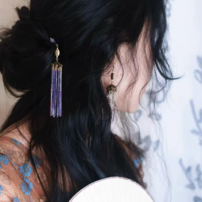 【紫炁】解忧容器原创国风汉服新中式紫色流苏长款发簪耳饰耳环