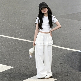女童夏季薄款屁帘工装裤套装春夏2026新款辣妹T恤速干伞兵裤白色