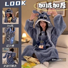 史迪仔睡衣2025冬季女睡袍男情侣浴袍可爱珊瑚绒加绒女款毛绒长袍