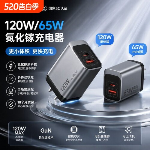 氮化镓120W充电器双口65W双口适用华为小米vivo荣耀苹果iqoo安卓usb接口办公多功能通用笔记本快充