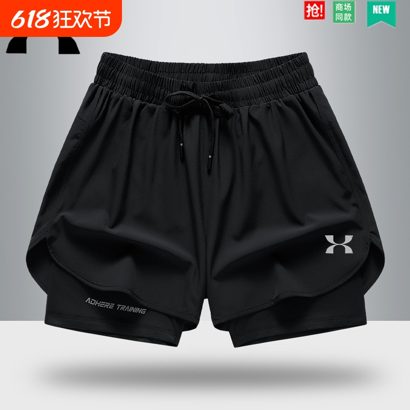 新款男士冰丝速干裤UA羽毛球服大码休闲跑步裤内衬假两件三分裤