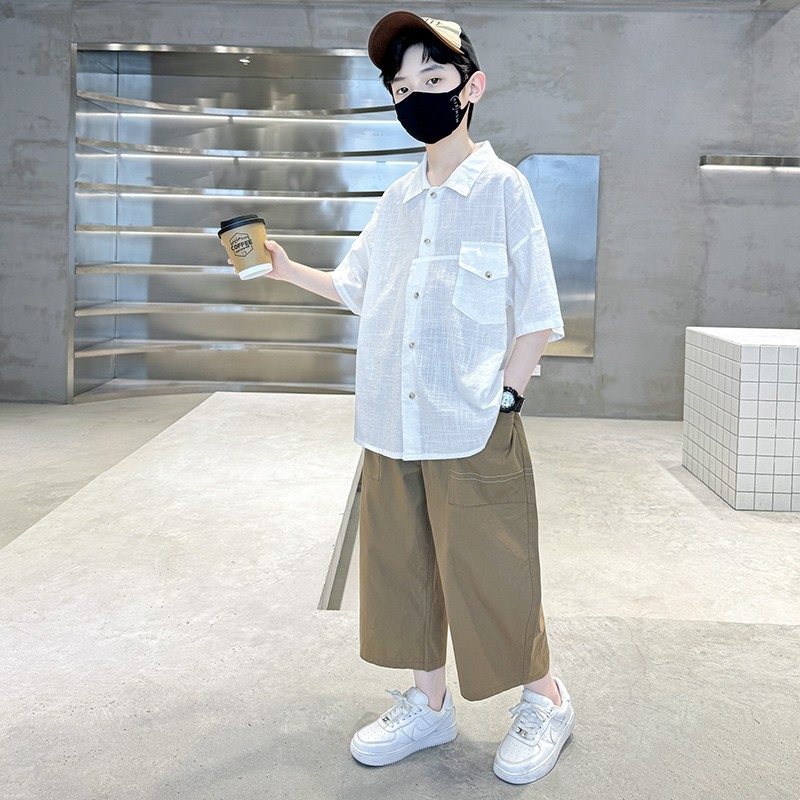 男童夏装衬衫套装2025痞帅中大童儿童夏季短袖男孩洋气时髦帅气潮