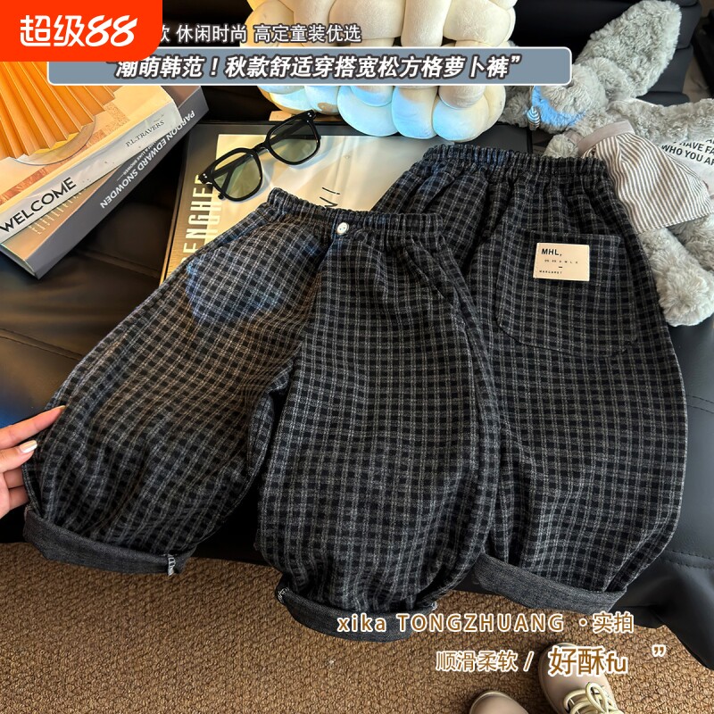 春季新款男童宝宝洋气宽松格子休闲裤女童工装裤灯笼裤J164韩范图片