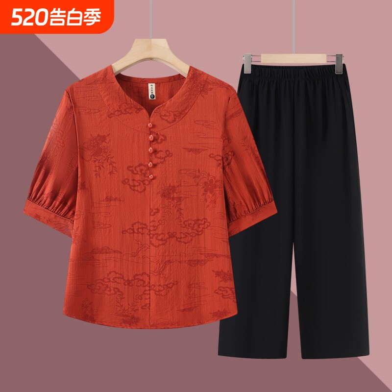 2026棉麻短袖两件套50岁中老年T恤上衣妈妈夏装夏季套装新款女