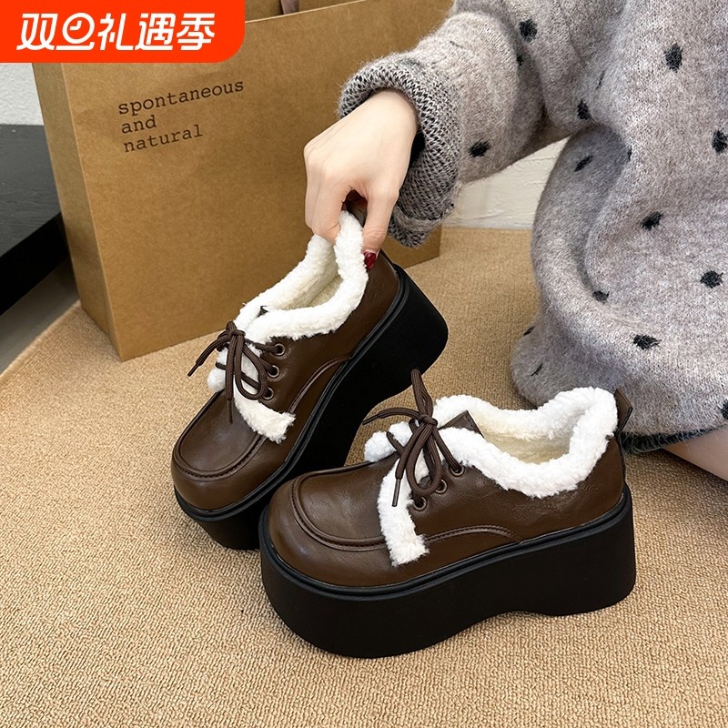 加绒乐福鞋女2025秋冬新款厚底保暖黑色英伦风小皮鞋高跟圆头棕色
