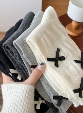 袜子女蝴蝶结堆堆中筒ins韩系少女网红甜美洛丽塔jk袜子灰色白色