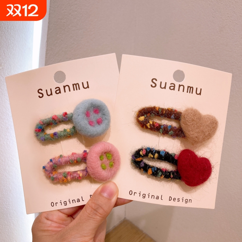 毛绒bb夹羊毛毡爱心纽扣刘海边夹