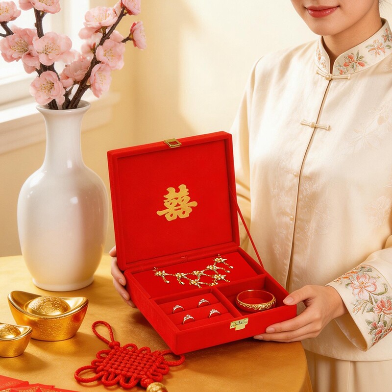 中式婚礼嫁妆盒礼金盒下聘手镯陪嫁黄金首饰盒结婚用品珠宝戒指图片