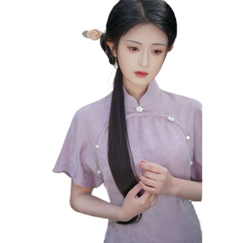 Long purple summer elite retro lightweight cheongsam, 2023 years Long purple summer elite retro lightweight cheongsam, 2023 years