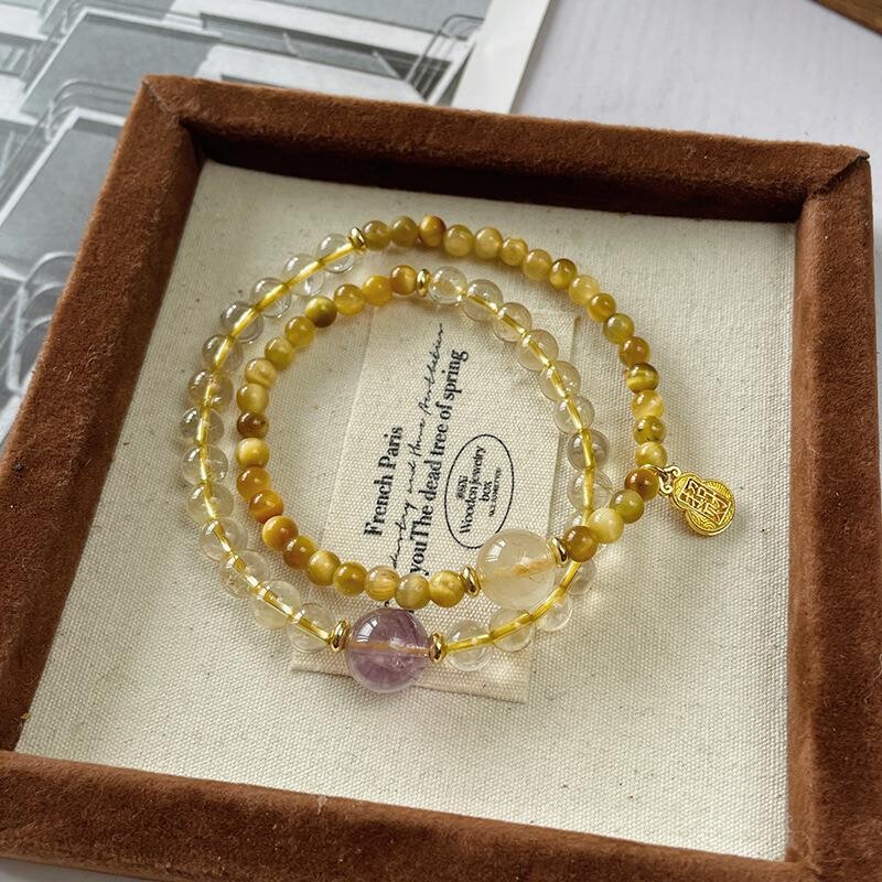 【多亿多福】天然金发晶串珠双圈手链女时尚高级金虎眼紫水晶手串