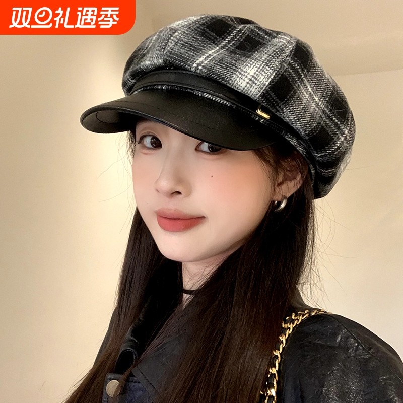 冬季显脸小贝雷帽2025新款复古格纹八角帽子女秋冬气质鸭舌帽格子