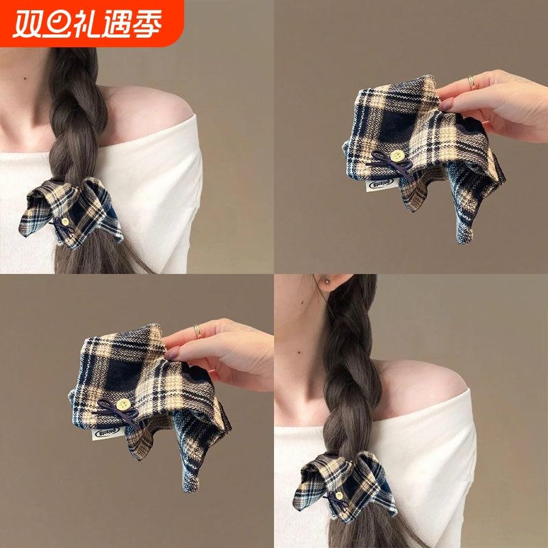 晚秋之枫新潮秋冬格纹撞色方巾发圈时尚纽扣蝴蝶结复古发饰头绳