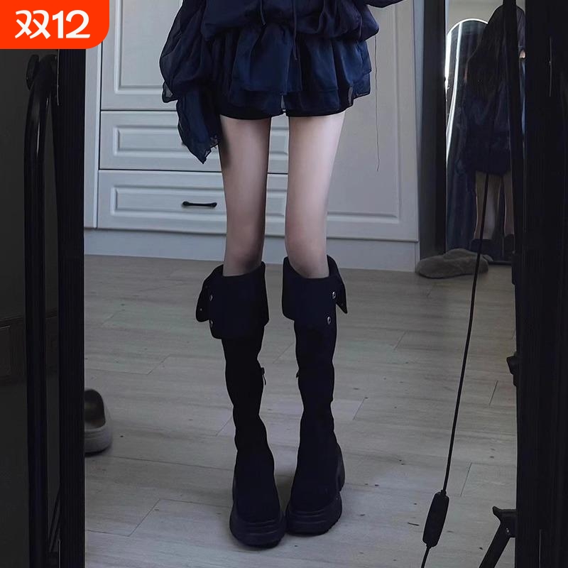 热风圈黑色长筒靴女新款秋冬季厚底过膝靴绒面长靴高筒骑士靴两穿