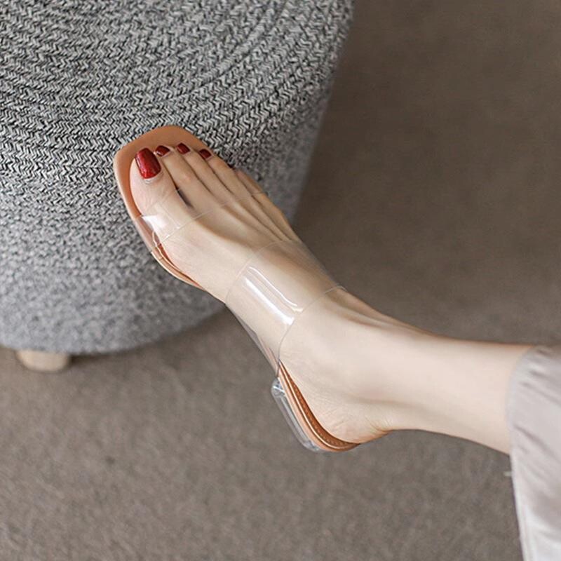 凉鞋女夏季平底2025新款软皮时尚水晶透明高跟鞋女凉拖鞋外穿粗跟