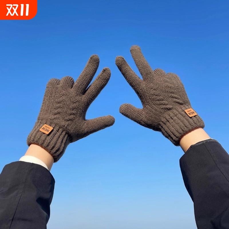 秋冬季男女情侣款韩版加厚纯色针织毛线保暖加绒触屏开车骑行手套