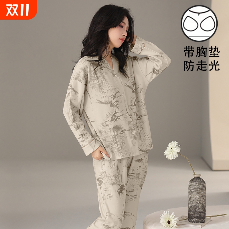 新款睡衣女春秋款带胸垫长袖套装外穿休闲薄款宽松家居服胖mm学生