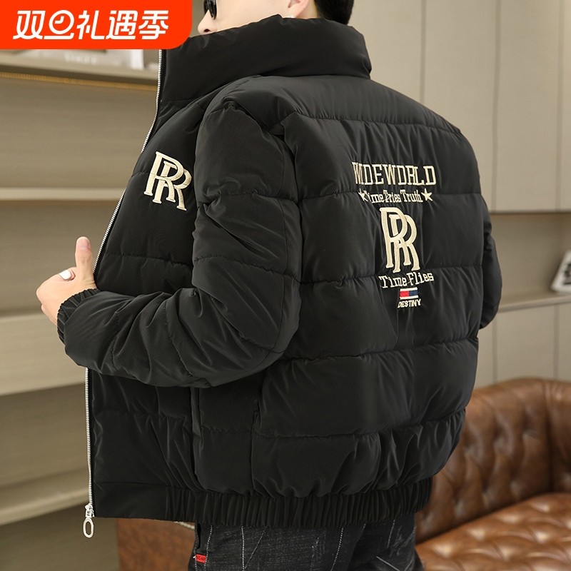 户外羽绒服男短款立领冬季新款潮流青少年欧式风刺绣加厚黑色白色