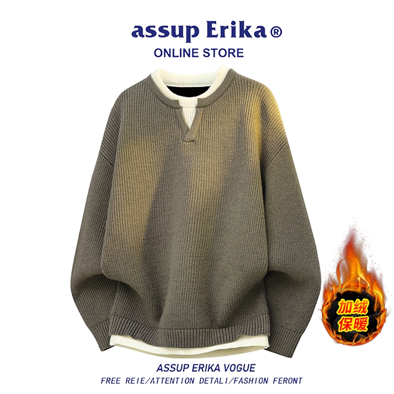 假两件V圆领加绒加厚针织衫上衣秋冬新款宽松休闲男士慵懒风毛衣