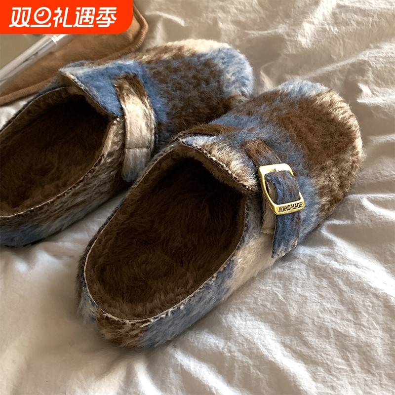 复古学院风~原创加绒半拖穆勒鞋2025新秋冬女鞋毛毛勃肯鞋平底