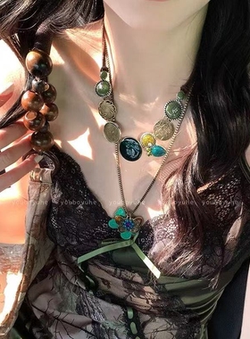 中古风双生绿色蝴蝶项链女款vintage波西米亚锁骨链古着独特配饰