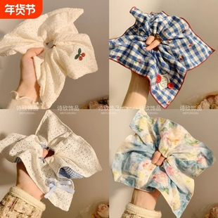 韩系蓝色格子方巾大肠发圈女方形头绳高级感慵懒风扎头发大号发饰