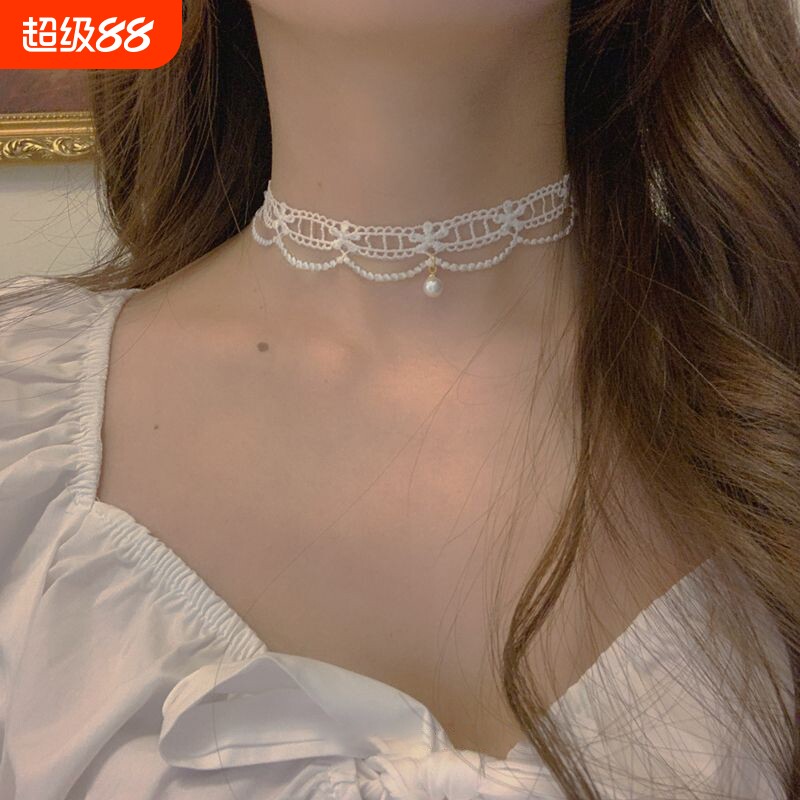 choker项链女白色蕾丝仿珍珠颈链少女项圈颈带锁骨链脖饰多层黑色