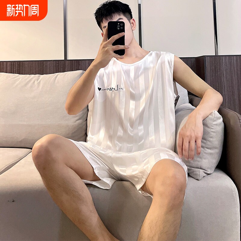 红豆男士冰丝夏季睡衣背心短裤 2025新款青少年加大码家居服套装