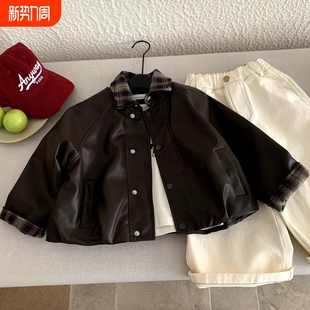 纯色 皮夹克男宝宝韩版 儿童皮衣外套2026女童翻领春季 男机车服新品