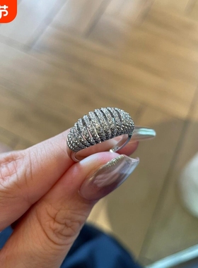 老钱风银色微镶锆石牛角包弧形开口戒指女小众时尚轻奢高级感手饰