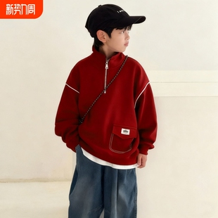 2026新款男童立领半拉链卫衣秋冬加厚保暖潮流宽松大童装红色上衣