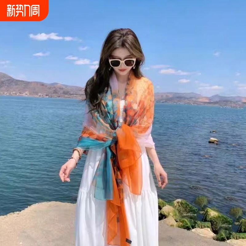 夏季防晒薄款披肩2024新款民族风外搭纱巾丝巾女海边沙滩三亚旅游