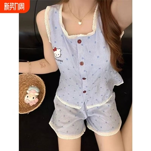 夏天家居服套装 吊带短裤 可外穿 新款 花边可爱hellokitty睡衣女夏季