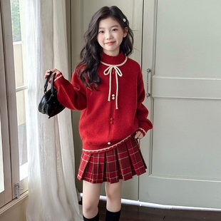 女童套装 秋冬装 拜年服红色百褶裙毛衣两件套洋气时尚 裙子新年装