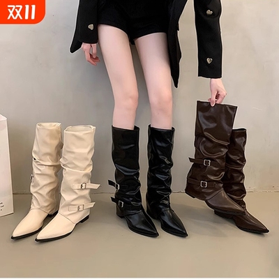 高跟高筒靴女2025新款春秋季尖头堆堆靴长筒靴子裤管靴骑士靴黑色
