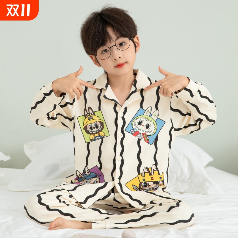 春秋季男童卡通睡衣长袖春秋装中大童小怪兽儿童青少年家居服套装