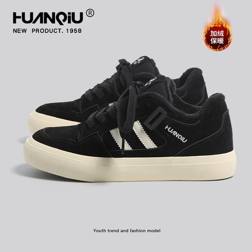 环球加绒黑色板鞋男2025新款冬季保暖外穿百搭休闲鞋增高男鞋合成