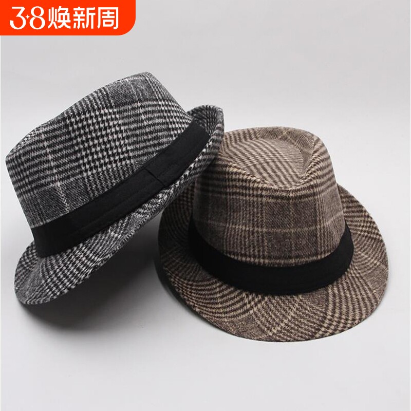帽子男秋冬季英伦复古格纹爵士帽中老年时尚千鸟格礼帽户外遮阳帽