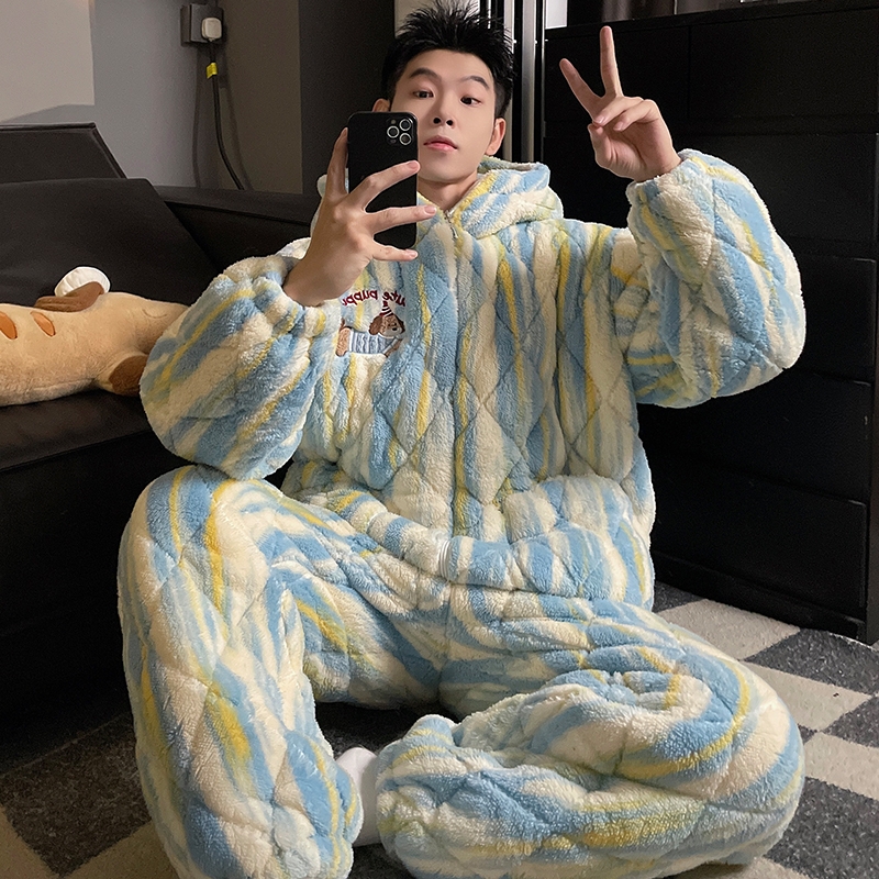 外穿睡衣男生冬季珊瑚绒三层夹棉