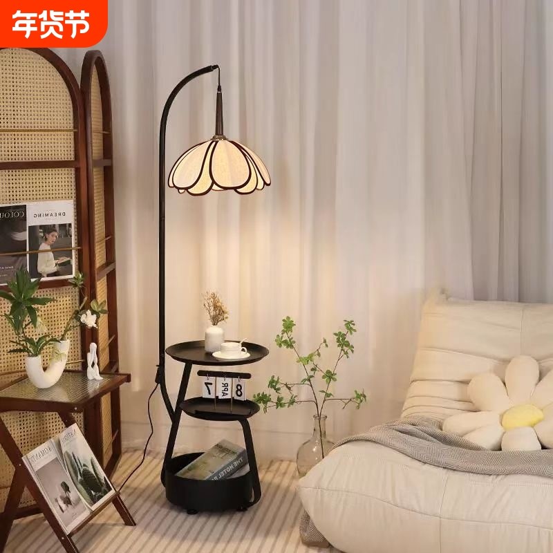 极简客厅书桌花瓣落地灯中古风钓鱼灯置物架一体氛围灯法式茶几