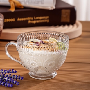浮雕透明太阳花把杯早餐杯牛奶玻璃杯耐高温绿水杯精致把手单层
