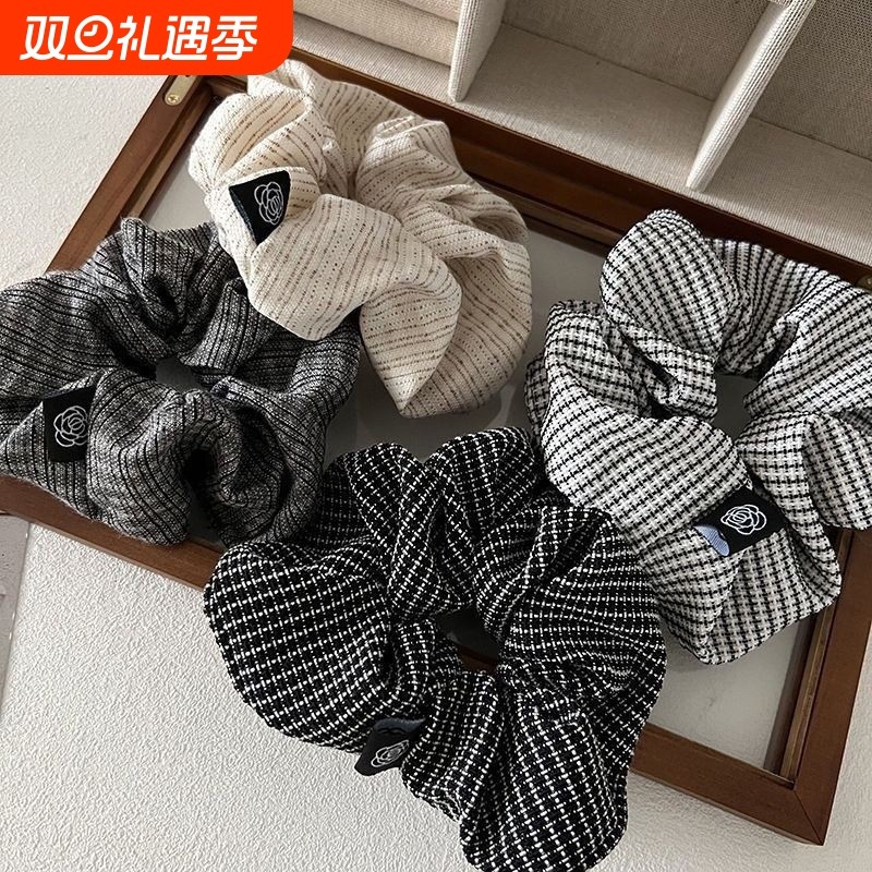 新款法式优雅气质大肠发圈复古格纹褶皱发绳韩版网红发饰女山茶花