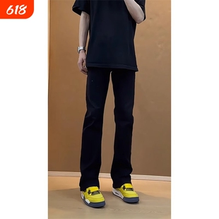 修身柳叶弯刀牛仔裤大童黑色男款直筒裤子美式高街vibe风微喇裤子
