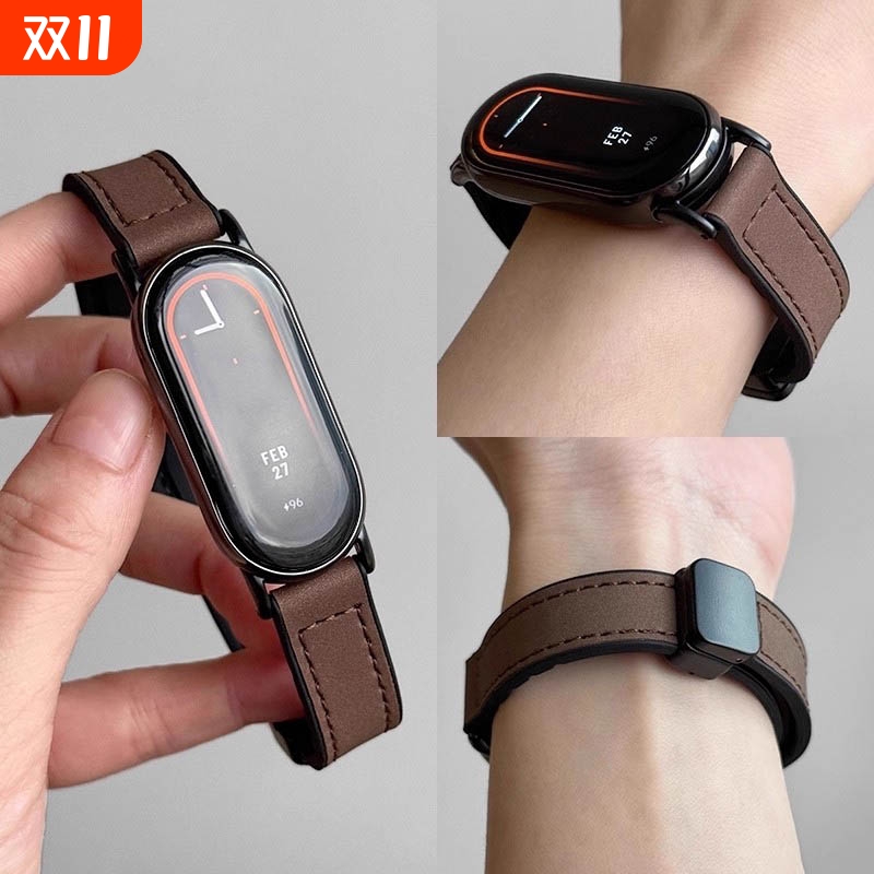 适用小米手环10代磁吸扣手环9皮质表带nfc版运动8智能xiaomi手环秋冬新款季智能手环耐脏时尚感疯马纹真皮质