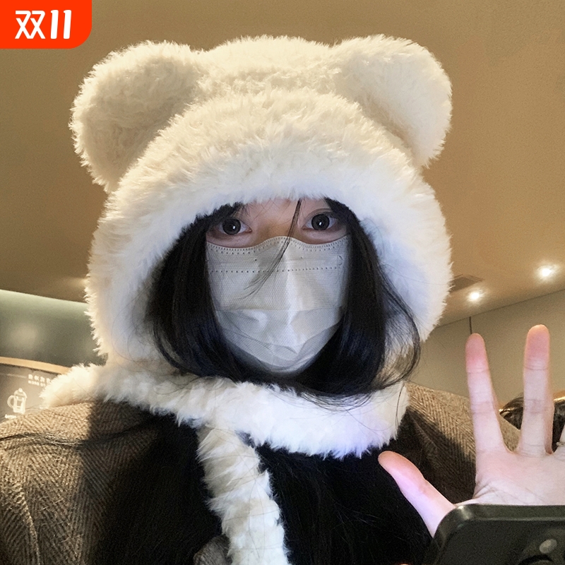 小熊耳朵帽子女秋冬季2025新款软萌可爱保暖针织护耳帽雷锋包头帽