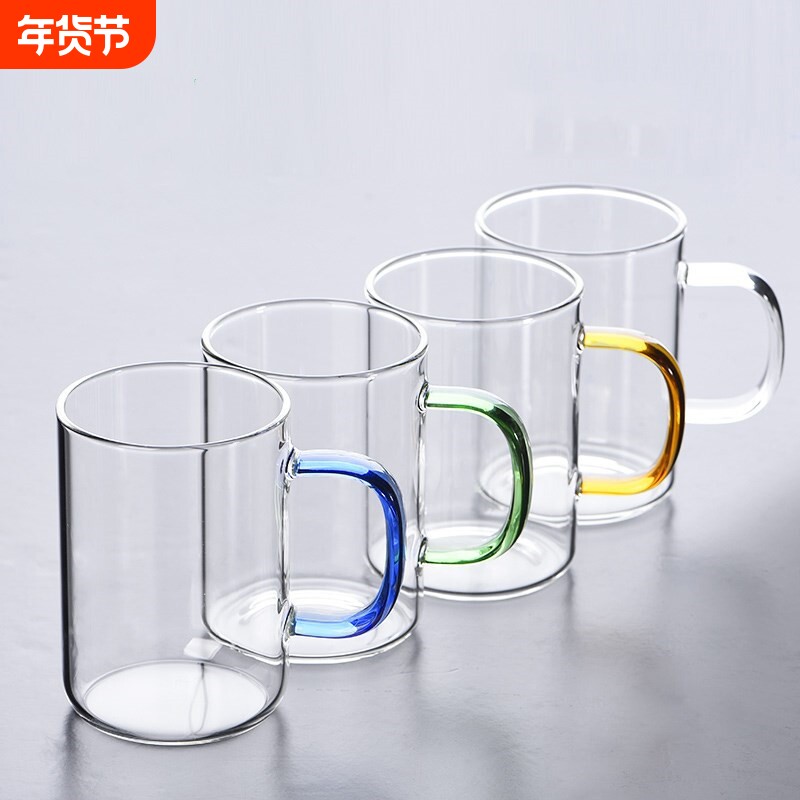 高硼硅玻璃杯家用带把彩把水杯办公室杯男女泡茶杯手柄圆柱蓝色