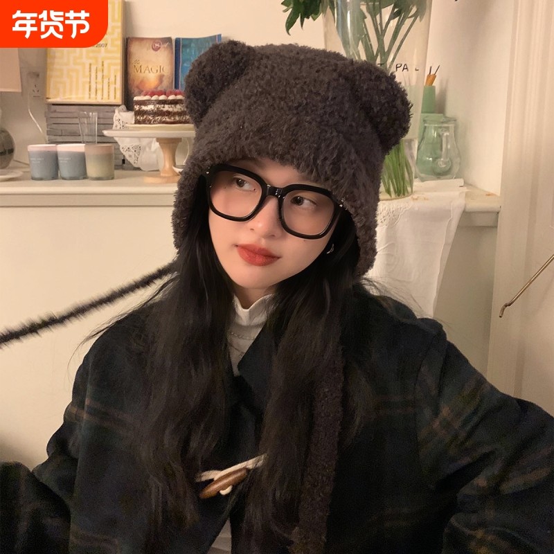 系带可爱卡通小熊针织毛线帽子女秋冬保暖咖色毛绒绒大头围套头帽,服饰配件/皮带/帽子/围巾,帽子,淘宝优惠券,粉丝福利购,淘宝优惠卷