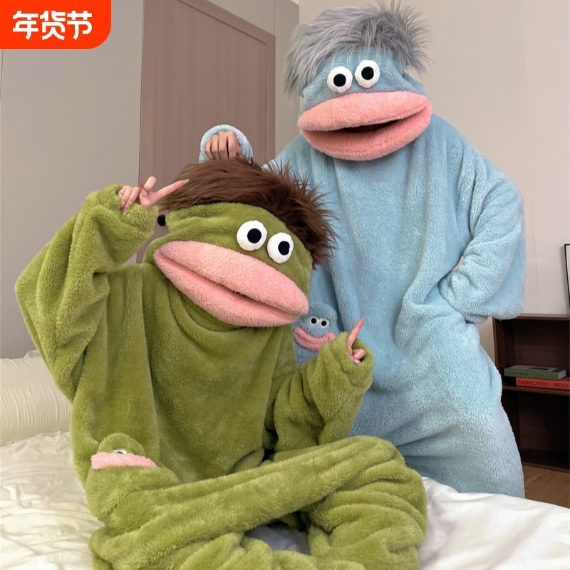 大嘴怪连体睡衣女款冬季珊瑚绒丑萌亲子加绒睡袍家居服男款可外穿,女士内衣/男士内衣/家居服,睡衣/家居服套装,淘宝优惠券,粉丝福利购,淘宝优惠卷