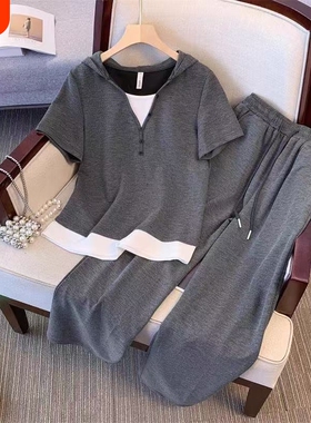 假两件运动服套装女2026夏季时尚休闲显瘦两件套休闲风灰色黑色