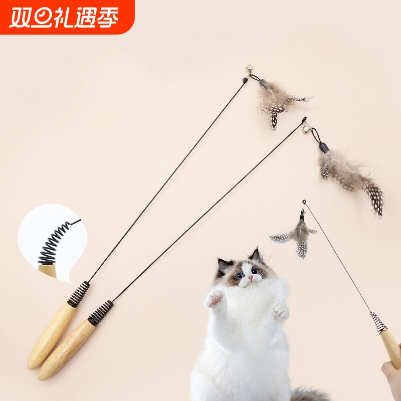 T逗猫棒B1pf0-木柄弹簧逗猫棒羽毛铃铛可拆卸替换头长杆猫玩具