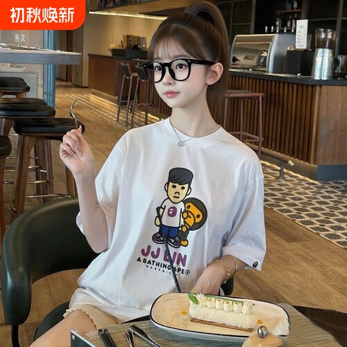 夏季BAPE儿童短袖t恤潮牌男女纯棉宽松猿人头SHARKAPE洋气亲子装